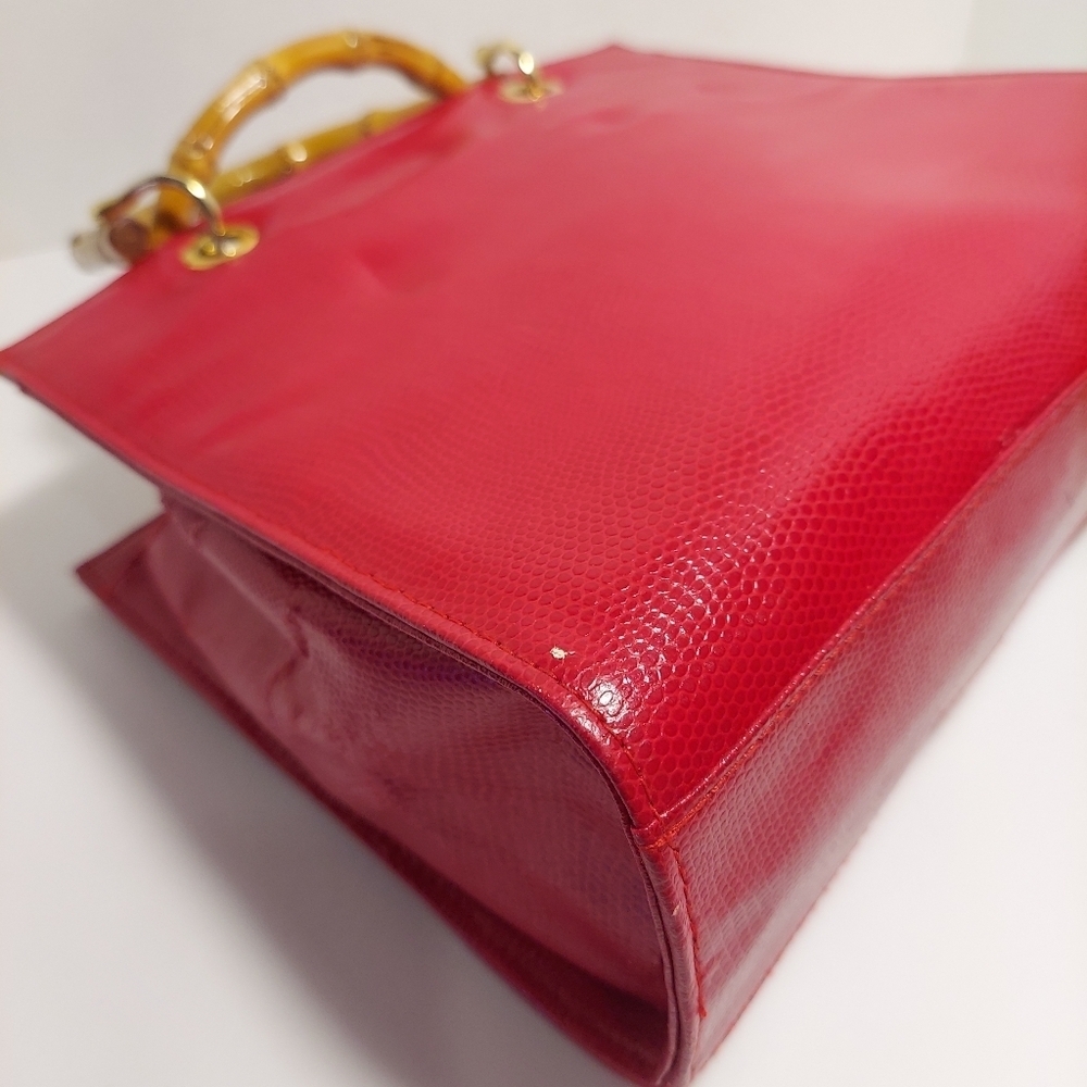Giorgio Beverly Hills Hand Bag Red Faux Leather Bamboo Straps Minor Damage - Picture 6 of 16